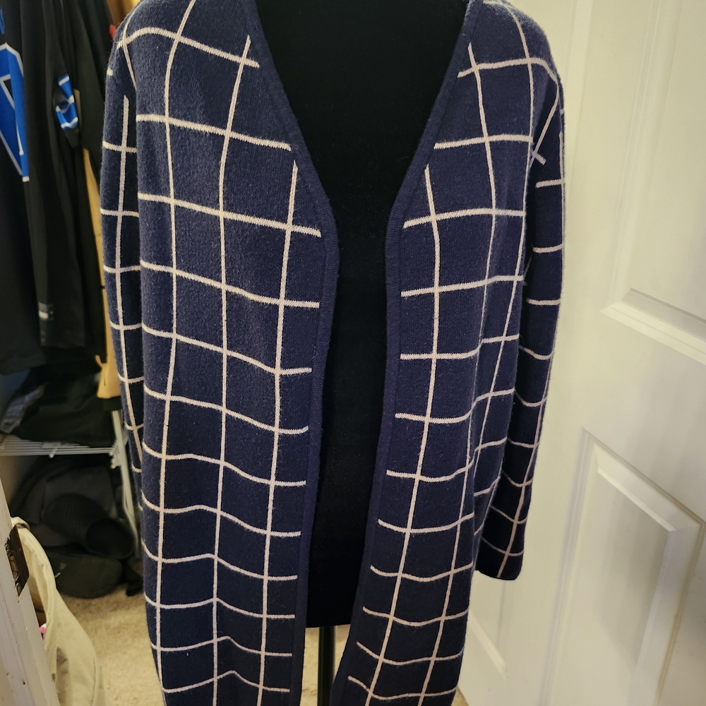 Charter Club Navy and White Grid Cardigan